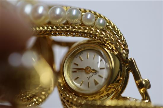 A ladys 20th century Piaget 18ct gold and graduated cultured pearl set manual back wind cocktail watch,